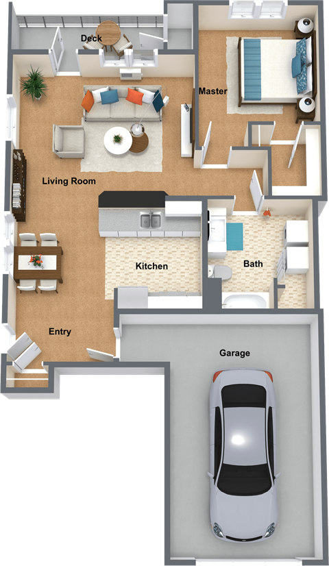 Floor plan for 1 bed, 1 bath, 958 sqft